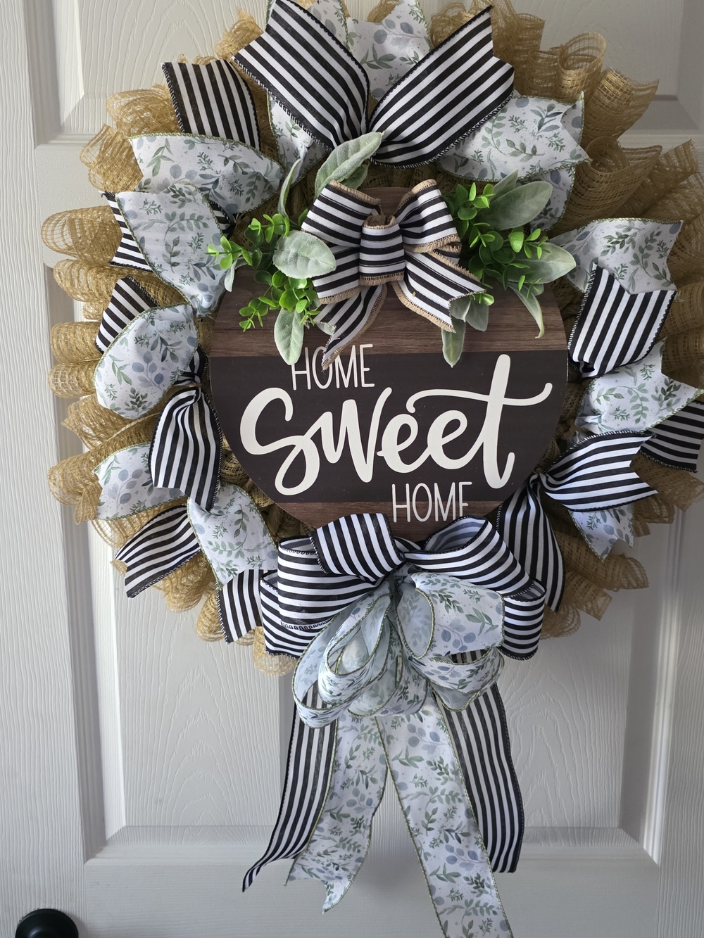 Home Sweet Home Burlap Wreath with Black & White Striped Ribbon